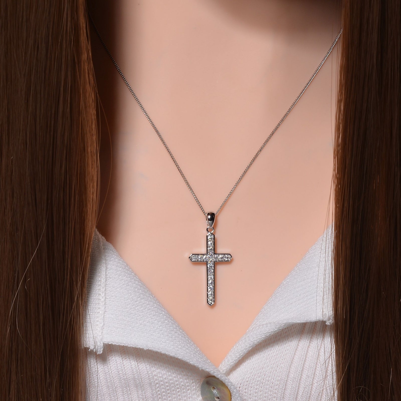Moissanit Kreuz Anhänger mit Kette, 925 Silber platiniert, 925 Silber rhodiniert ca. 0.45 ct