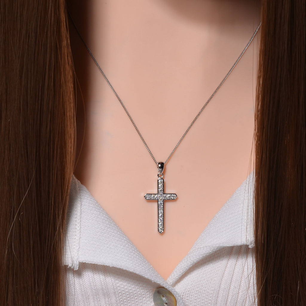 Moissanit Kreuz Anhänger mit Kette, 925 Silber platiniert, 925 Silber rhodiniert ca. 0.45 ct