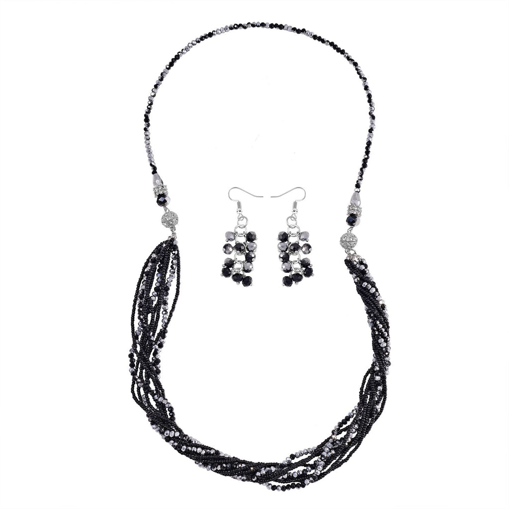 2er Set - mehrschichtiger Halsketten und Ohrringe, Schwarz-silberfarbene Kristallperlen und weiße Kristalle