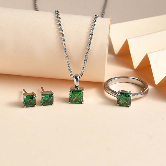 3er Set - Chromdiopsid Zirkonia Anhänger mit Kette,  Ring und Ohrringe (Größe 21.00), Edelstahl