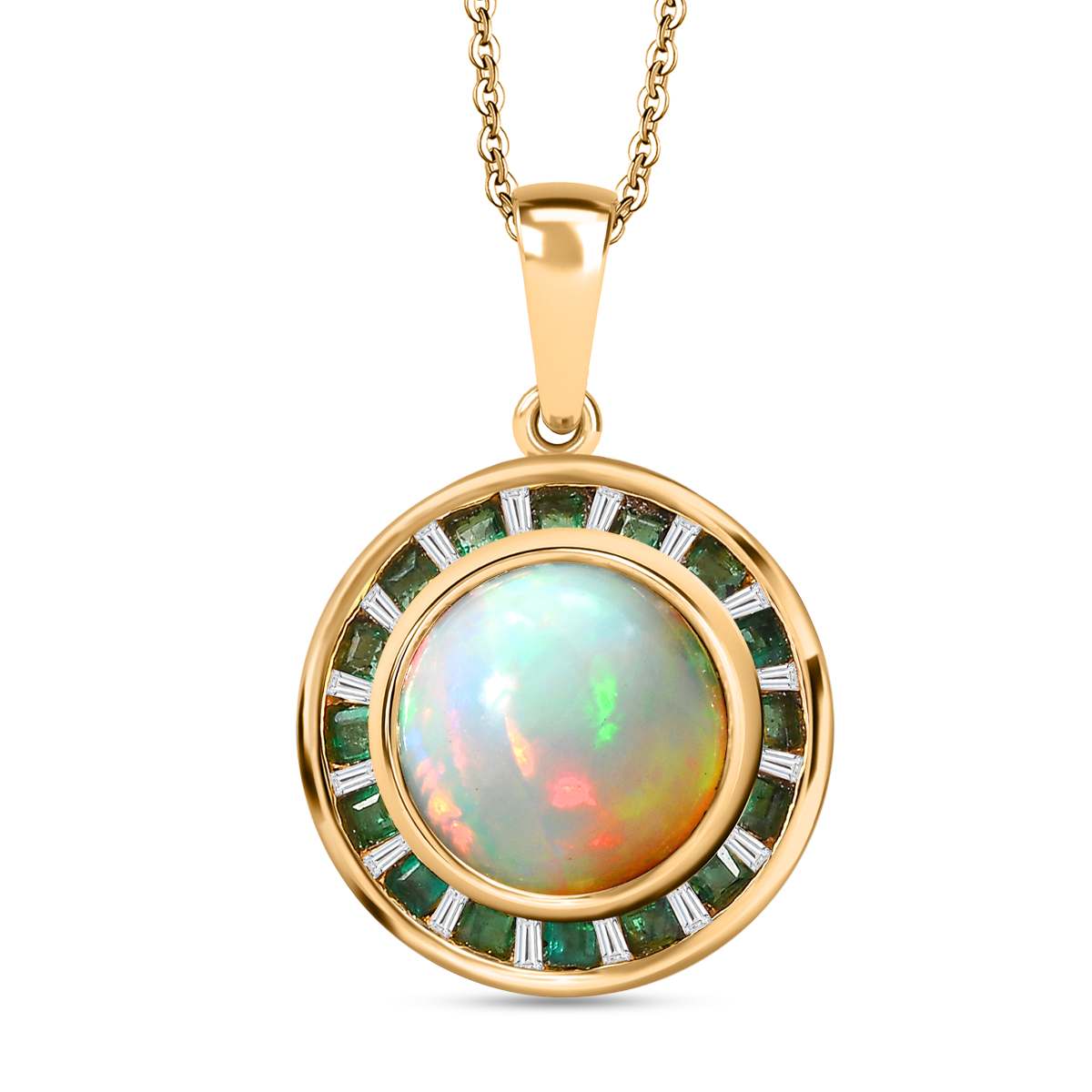 AA Natürlicher, äthiopischer Welo Opal, Smaragd Anhänger mit Kette, 925 Silber 750 Gelbgold Vermeil ca. 3.40 ct
