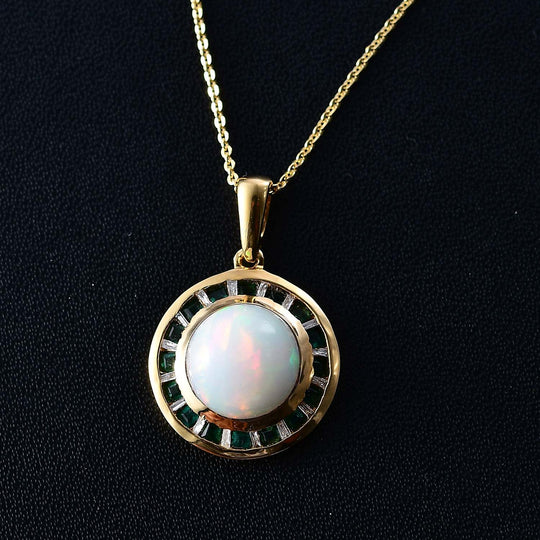 AA Natürlicher, äthiopischer Welo Opal, Smaragd Anhänger mit Kette, 925 Silber 750 Gelbgold Vermeil ca. 3.40 ct