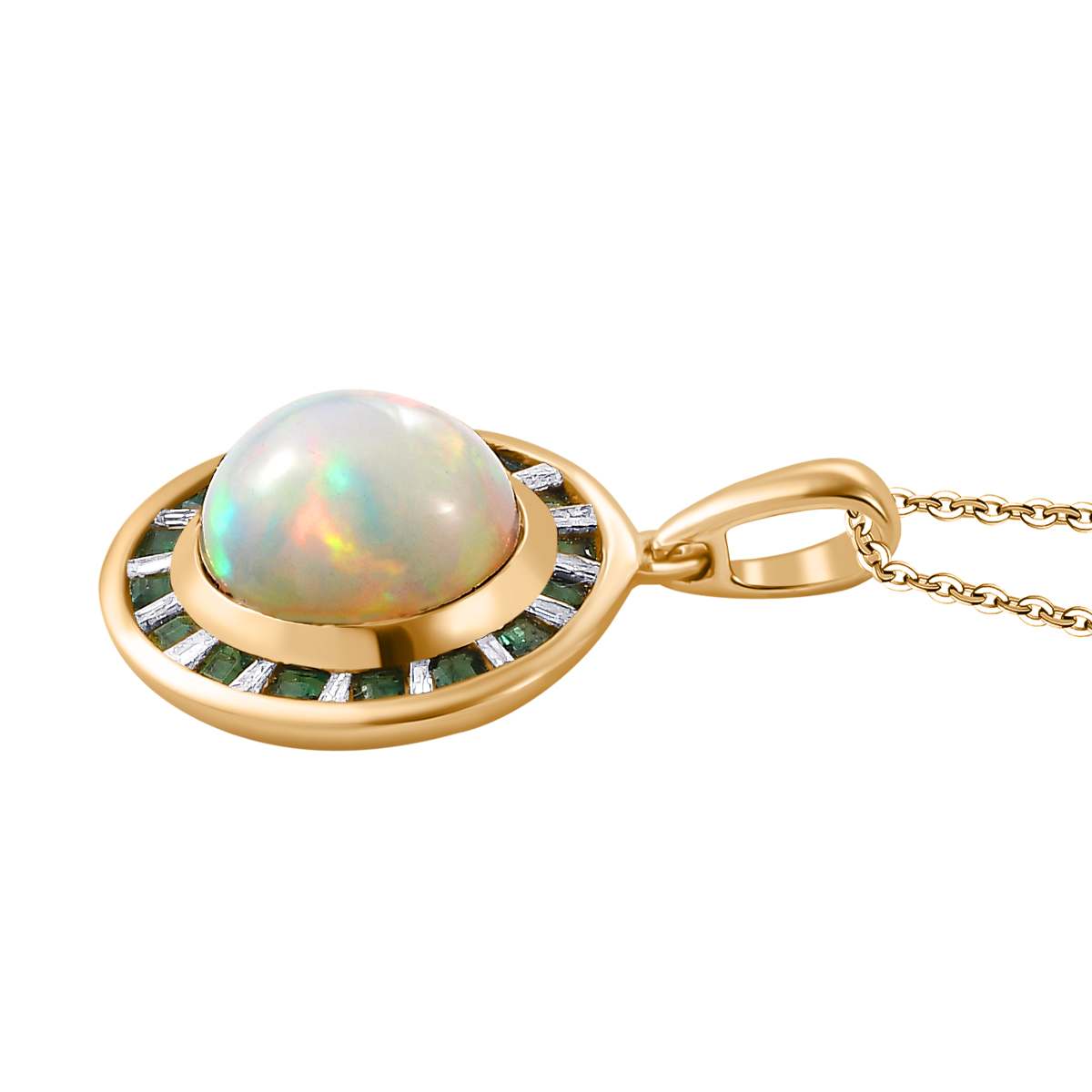 AA Natürlicher, äthiopischer Welo Opal, Smaragd Anhänger mit Kette, 925 Silber 750 Gelbgold Vermeil ca. 3.40 ct