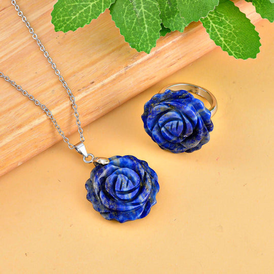 2er Set - Handgeschnitzter Lapislazuli Anhänger mit Kette und Ring (Größe 16.00), ca. 30.00 ct
