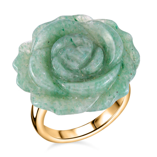 2er Set - Handgeschnitzter Grüner Aventurin Anhänger mit Kette und Ring (Größe 16.00), goldfarben, ca. 30.00 ct