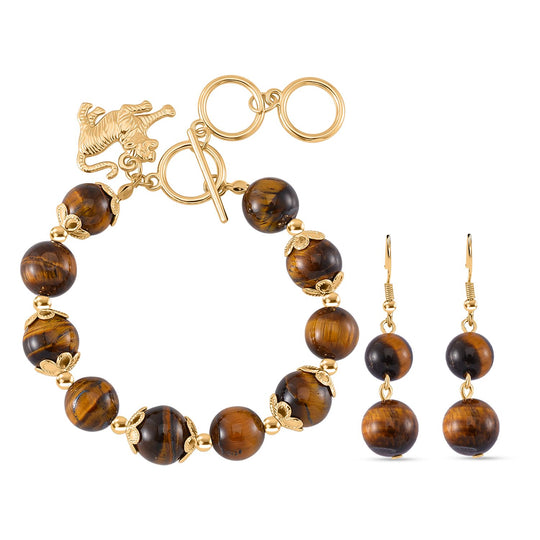 2er Set - Lapislazuli Armband und Ohrringe, Reiner Edelstahl, vergoldet, ca. 180.00 ct