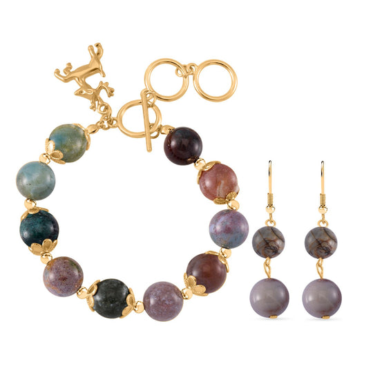 2er Set - Lapislazuli Armband und Ohrringe, Reiner Edelstahl, vergoldet, ca. 180.00 ct