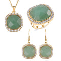 3er Set - Grüner Aventurin, Weißer Kristall  Anhänger mit Kette, Ring und Ohrringe, (Größe 16.00), goldfarben