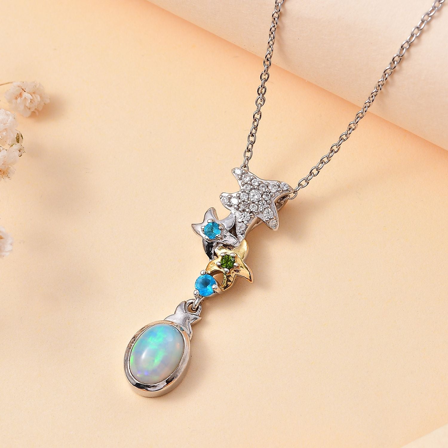 GP Celestial Kollektion - AA Natürlicher, äthiopischer Welo Opal, Neon Apatit Schmuckset 925 Silber rhodiniert, 925 Silber Rhodiniert und 750 Gelbgold Vermeil ca. 1.33 ct