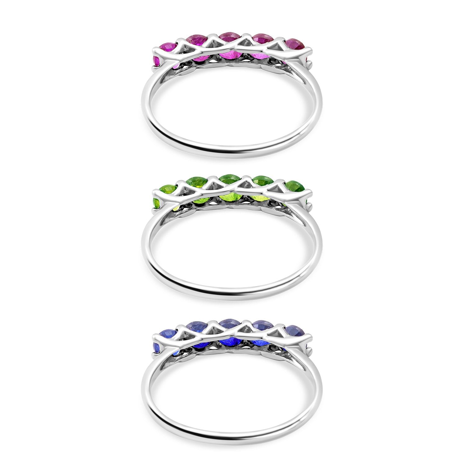 Rubin, Natürlicher Chromdiopsid und Masaola Saphir 3er-Ringset, 925 Silber platiniert ca. 3,75 ct