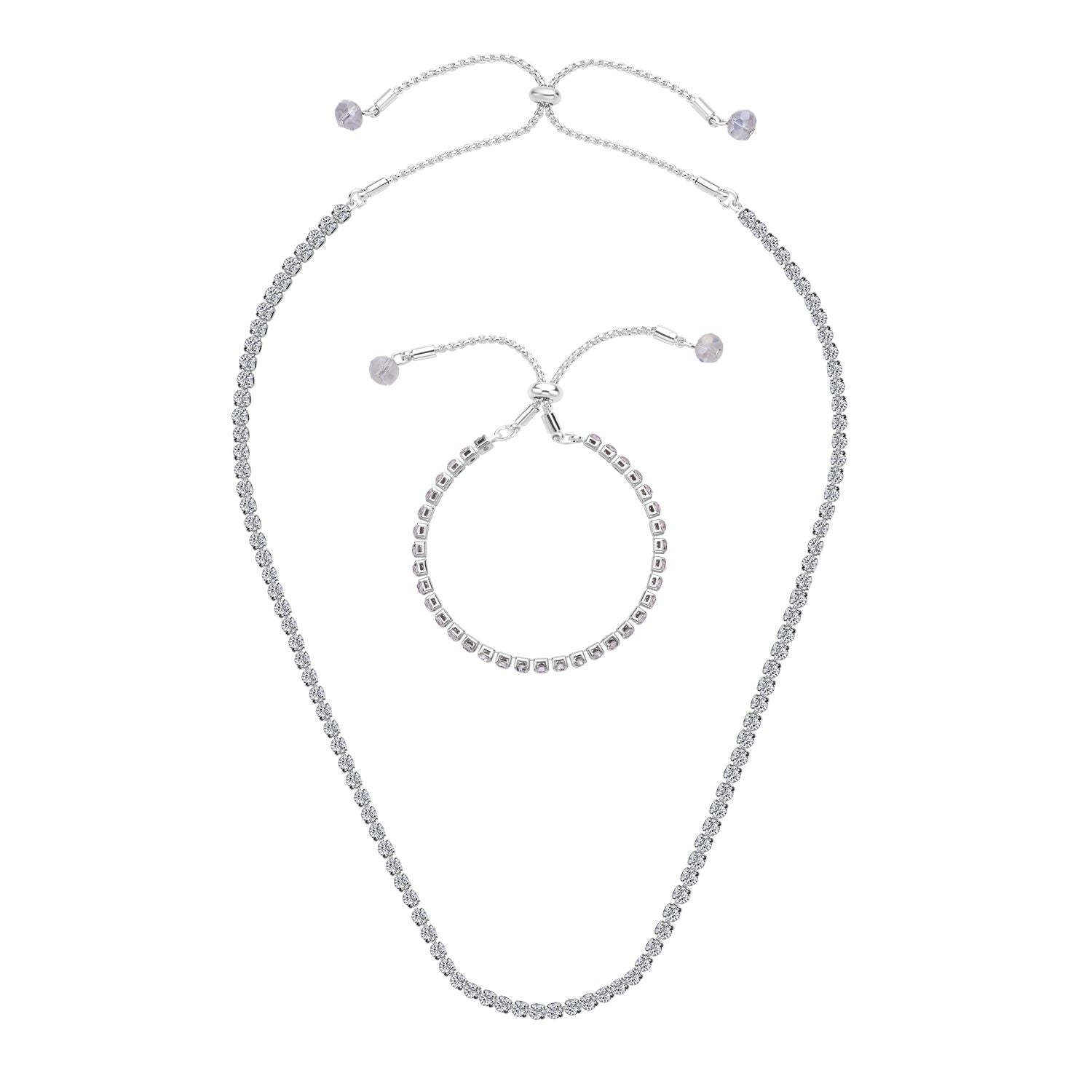 2er Set Weiße Kristall Halskette und Armband mit Bolo Verlängerung, silberfarben