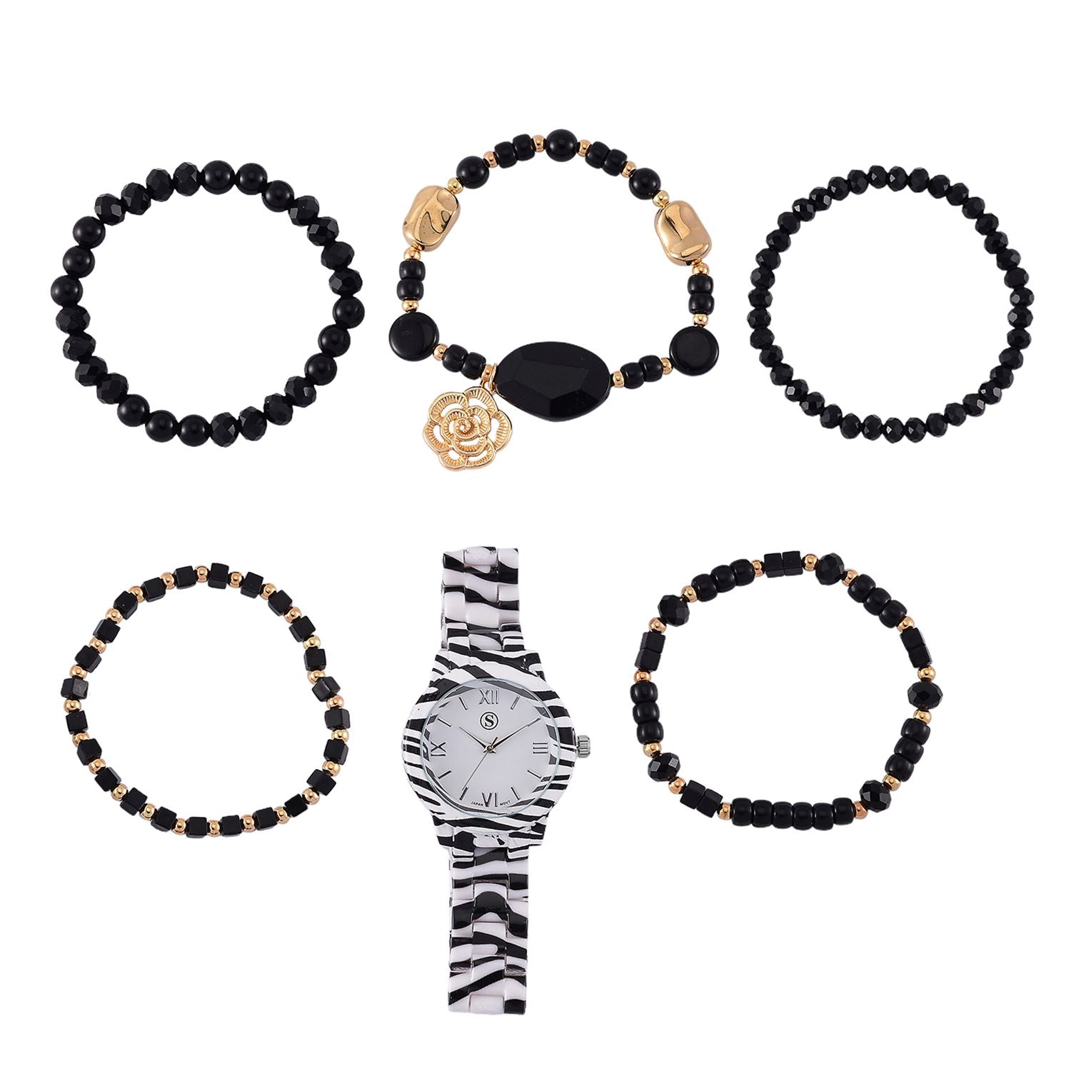 6er Set - J Francis gefertigt aus Harz: 5 Armbänder und Zebra-Muster Uhr, vergoldet