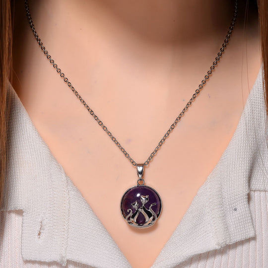 Afrikanischer Amethyst Katzen Anhänger mit Kette, Reiner Edelstahl ca. 10.00 ct