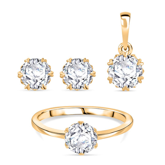 3er Set - Moissanit Ring, Ohrringe, und Anhänger, 925 Silber 750 Gelbgold Vermeil, (Größe 19.00) ca. 2,48 ct.