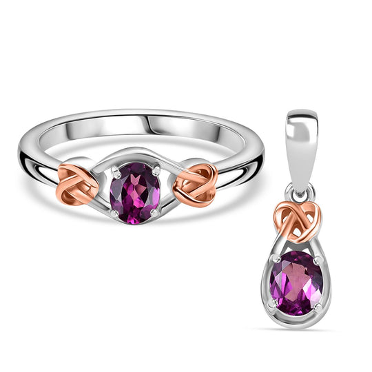 2er Set - AAA Radiant Ember Garnet Ring und Anhänger, Größe (18.00), 925 Silber rhodiniert ca. 0,92 ct.
