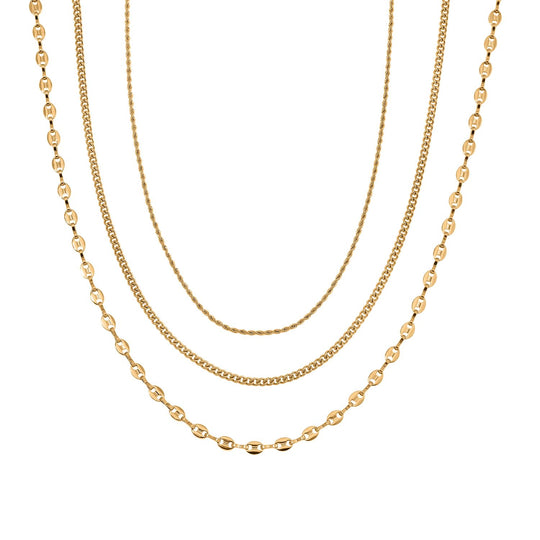3er Set - Kugelkette 40 cm,  Gliederkette 45 cm, Ankerkette 55 cm, Edelstahl, Goldfarben