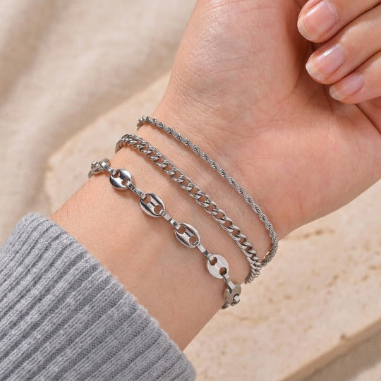 3er Set - Sehr Schick und Trendy Armbänder, Chirurgen-Edelstahl, Silberfarben