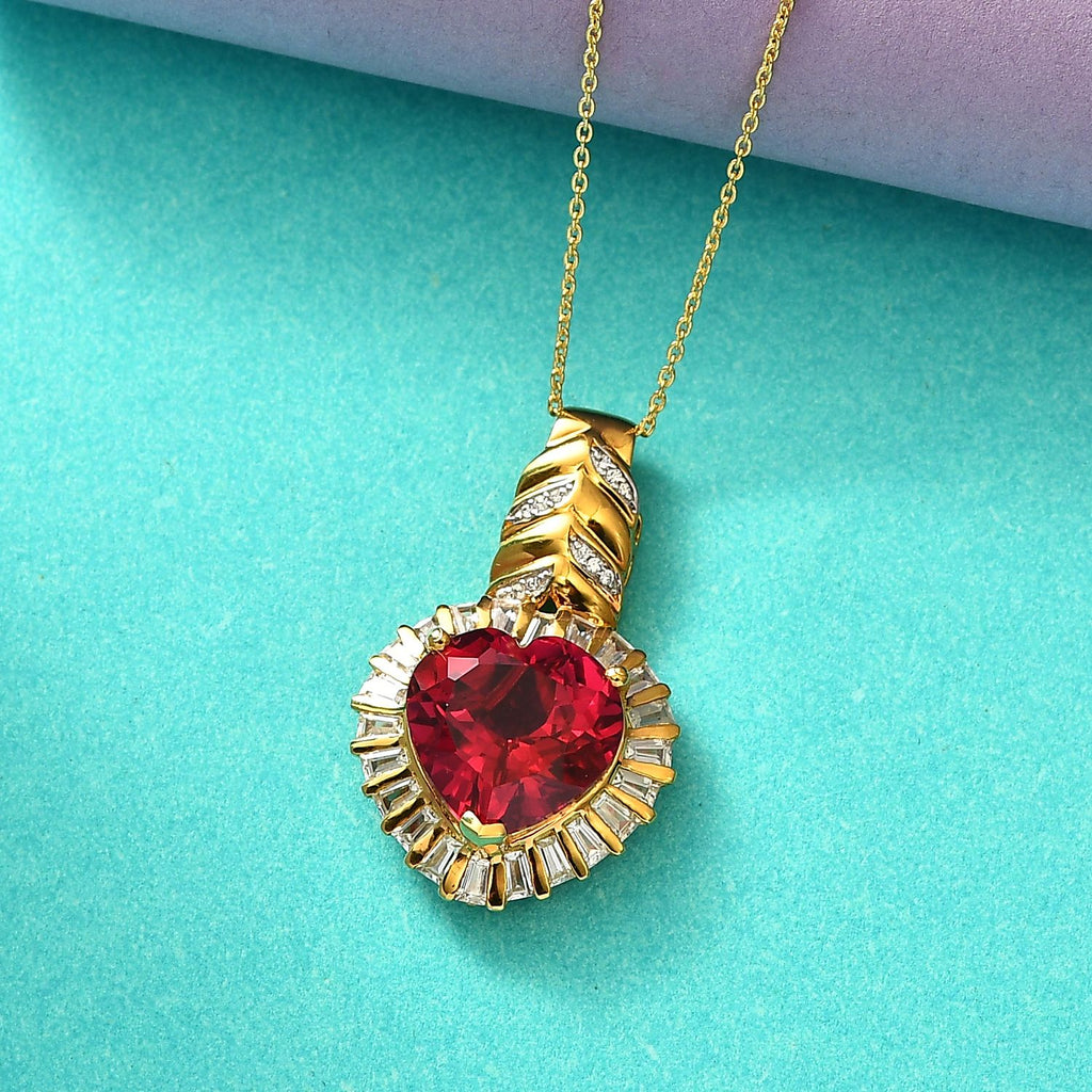 GP Amore Kollektion - Synthetischer Padparadscha-Saphir, Weißer Zirkon Schmuckset 925 Silber 750 Gelbgold Vermeil ca. 14,15 ct.