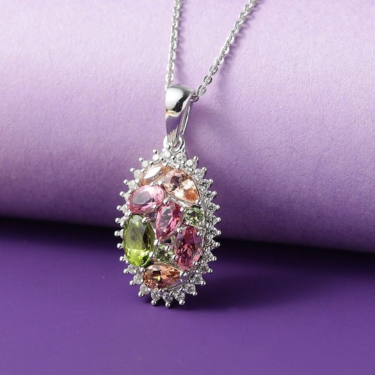 AAA Mehrfarbige Calabar -Turmalin, Weißer Zirkon Anhänger mit Kette ca. 50 cm, 925 Silber rhodiniert ca. 2.00 ct