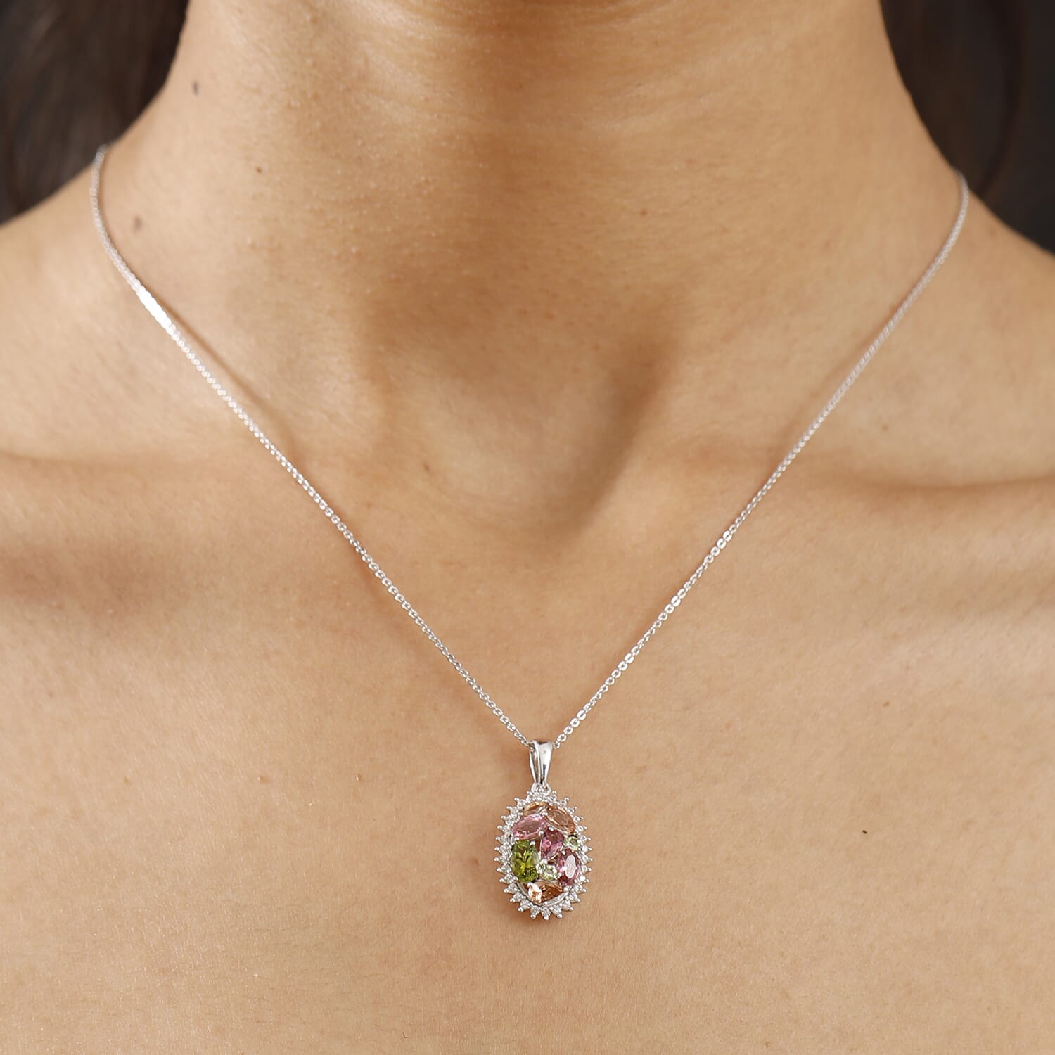 AAA Mehrfarbige Calabar -Turmalin, Weißer Zirkon Anhänger mit Kette ca. 50 cm, 925 Silber rhodiniert ca. 2.00 ct