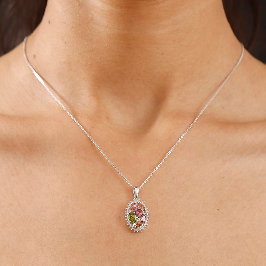 AAA Mehrfarbige Calabar -Turmalin, Weißer Zirkon Anhänger mit Kette ca. 50 cm, 925 Silber rhodiniert ca. 2.00 ct
