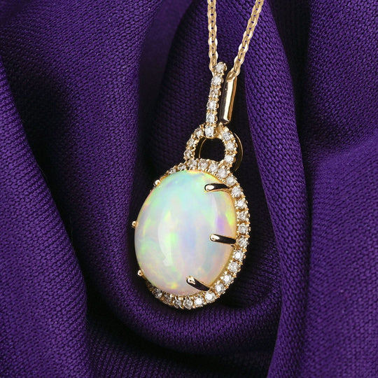 AAA Natürlicher, äthiopischer Welo Opal, Weißer Diamant AGI zertifiziert Anhänger mit Kette, 417 Gold ca. 3.60 ct