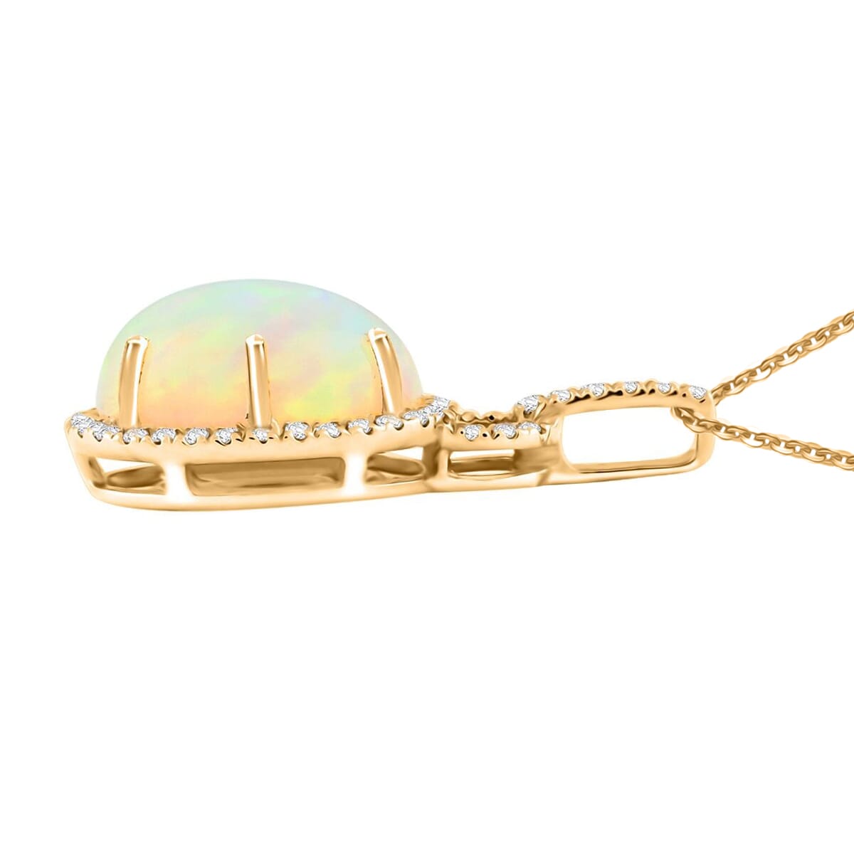 AAA Natürlicher, äthiopischer Welo Opal, Weißer Diamant AGI zertifiziert Anhänger mit Kette, 417 Gold ca. 3.60 ct