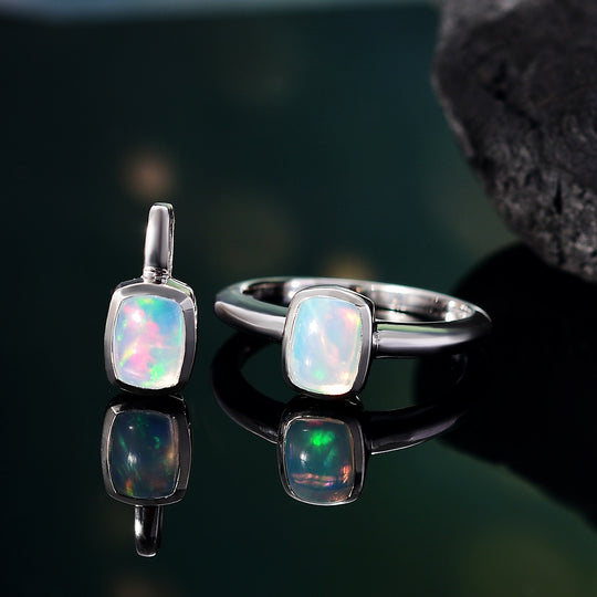 2er Set - AA Natürlicher, äthiopischer Welo Opal Anhänger und Ring, Größe (21.00), 925 Silber rhodiniert, ca. 1,89 ct.