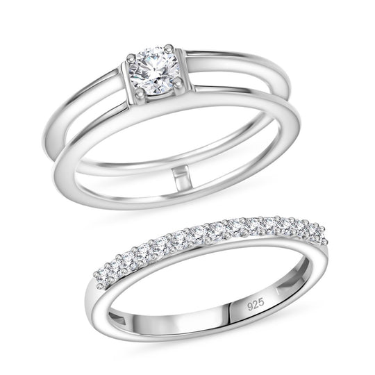 2er Set - Moissanit Ring, 925 Silber rhodiniert (Größe 20.00) ca. 0.48 ct