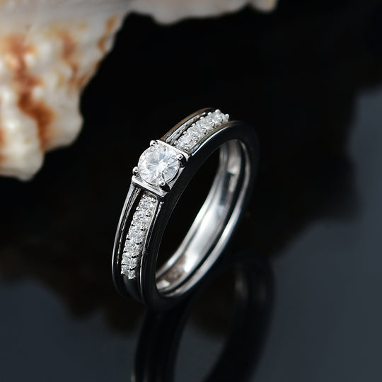 2er Set - Moissanit Ring, 925 Silber rhodiniert (Größe 20.00) ca. 0.48 ct