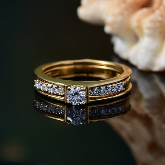 2er Set - Moissanit Ring, 925 Silber, (Größe 19.00), 750 Gelb Vergoldet ca. 0.48 ct