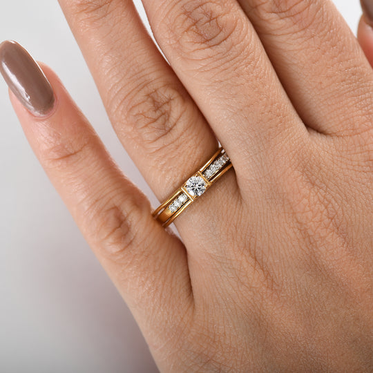 2er Set - Moissanit Ring, 925 Silber, (Größe 19.00), 750 Gelb Vergoldet ca. 0.48 ct