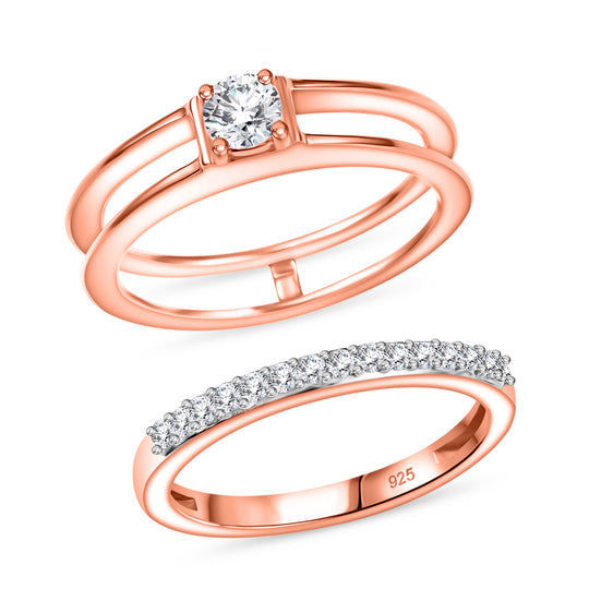 2er Set - Moissanit Ring, 925 Silber, Größe (19.00), 750 rosévergoldet ca. 0.48 ct