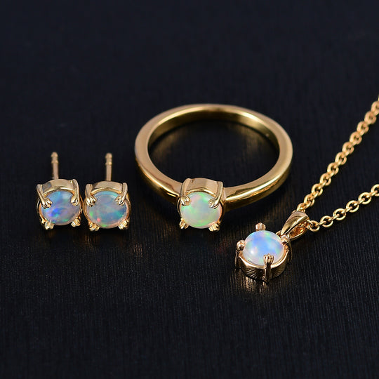 3er Set - AA Natürlicher, äthiopischer Welo Opal Anhänger, Ohrringe und Ring, Größe (19.00), ca. 1.24 ct