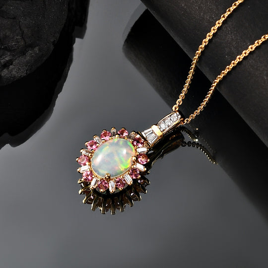 AA Natürlicher, äthiopischer Welo Opal, Tsavorite Granat Blütenzauber Anhänger mit Kette ca. 50 cm, 925 Silber 750 Gelbgold Vermeil ca. 1.78 ct
