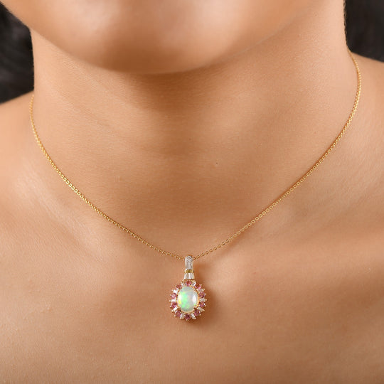 AA Natürlicher, äthiopischer Welo Opal, Tsavorite Granat Blütenzauber Anhänger mit Kette ca. 50 cm, 925 Silber 750 Gelbgold Vermeil ca. 1.78 ct