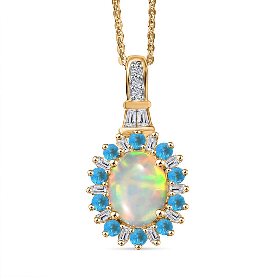AA Natürlicher, äthiopischer Welo Opal, Tsavorite Granat Blütenzauber Anhänger mit Kette ca. 50 cm, 925 Silber 750 Gelbgold Vermeil ca. 1.78 ct