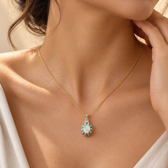 AA natürlicher, äthiopischer Welo Opal, Neon Apatit und Moissanit Anhänger mit 50cm Kette, 925 Silber 750 Gelbgold Vermeil -  1.86 ct