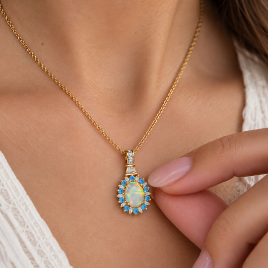 AA natürlicher, äthiopischer Welo Opal, Neon Apatit und Moissanit Anhänger mit 50cm Kette, 925 Silber 750 Gelbgold Vermeil -  1.86 ct