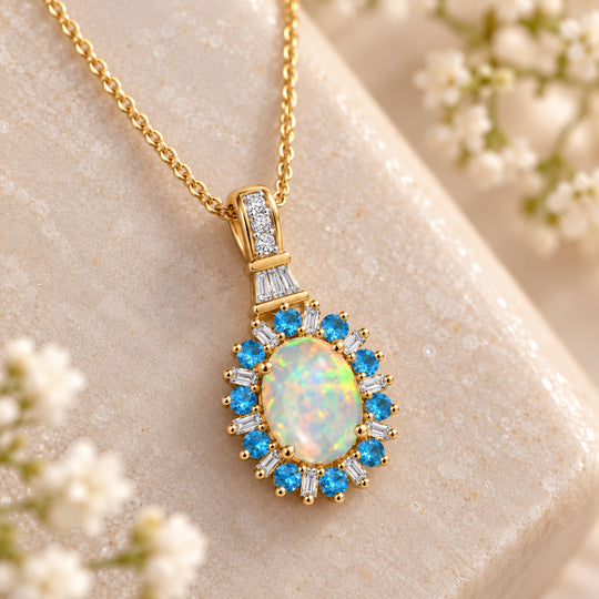 AA natürlicher, äthiopischer Welo Opal, Neon Apatit und Moissanit Anhänger mit 50cm Kette, 925 Silber 750 Gelbgold Vermeil -  1.86 ct