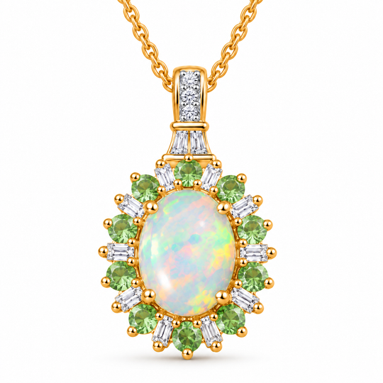 AA natürlicher, äthiopischer Welo Opal, Tsavorit Granat und Moissanit Anhänger mit 50cm Kette, 1,87 ct., 925 Silber 750 Gelbgold Vermeil