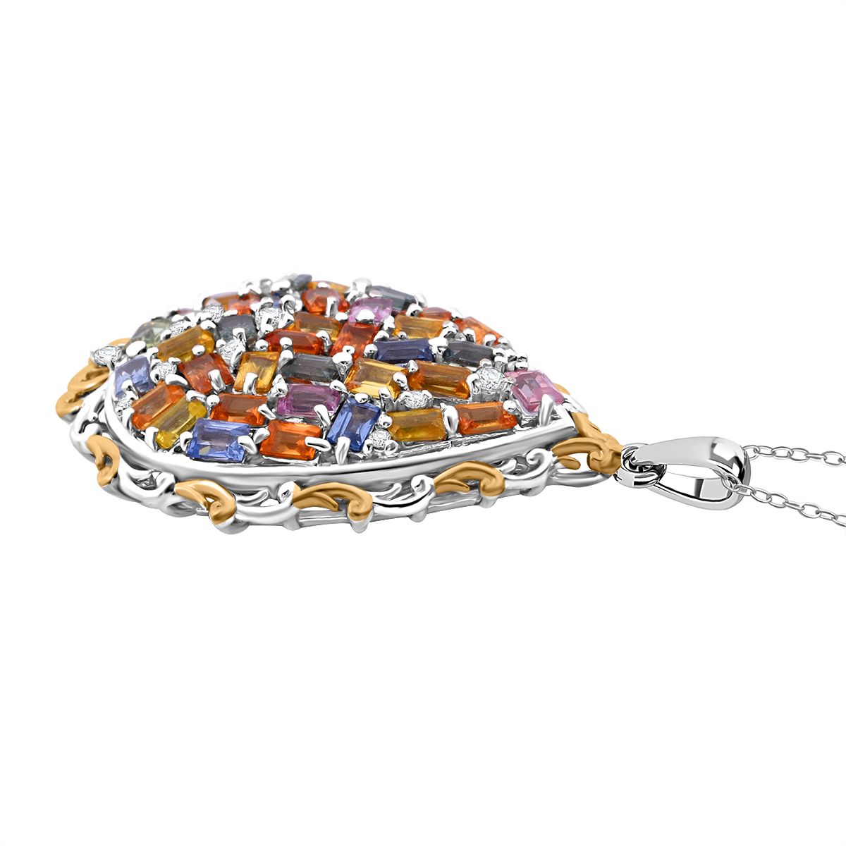 Mehrfarbig Saphir, Weißer Zirkon Anhänger mit Kette, 925 Silber Gelbgold Vermeil ca. 3.67 ct