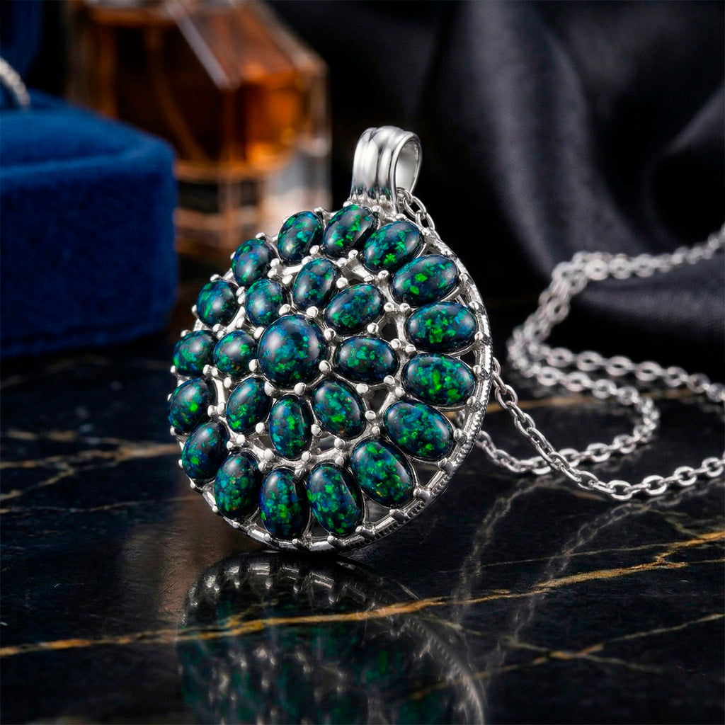 Simuliertes schwarzer Opal Anhänger mit Kette ca. 50 cm + 5 cm Extender, 316L Edelstahl