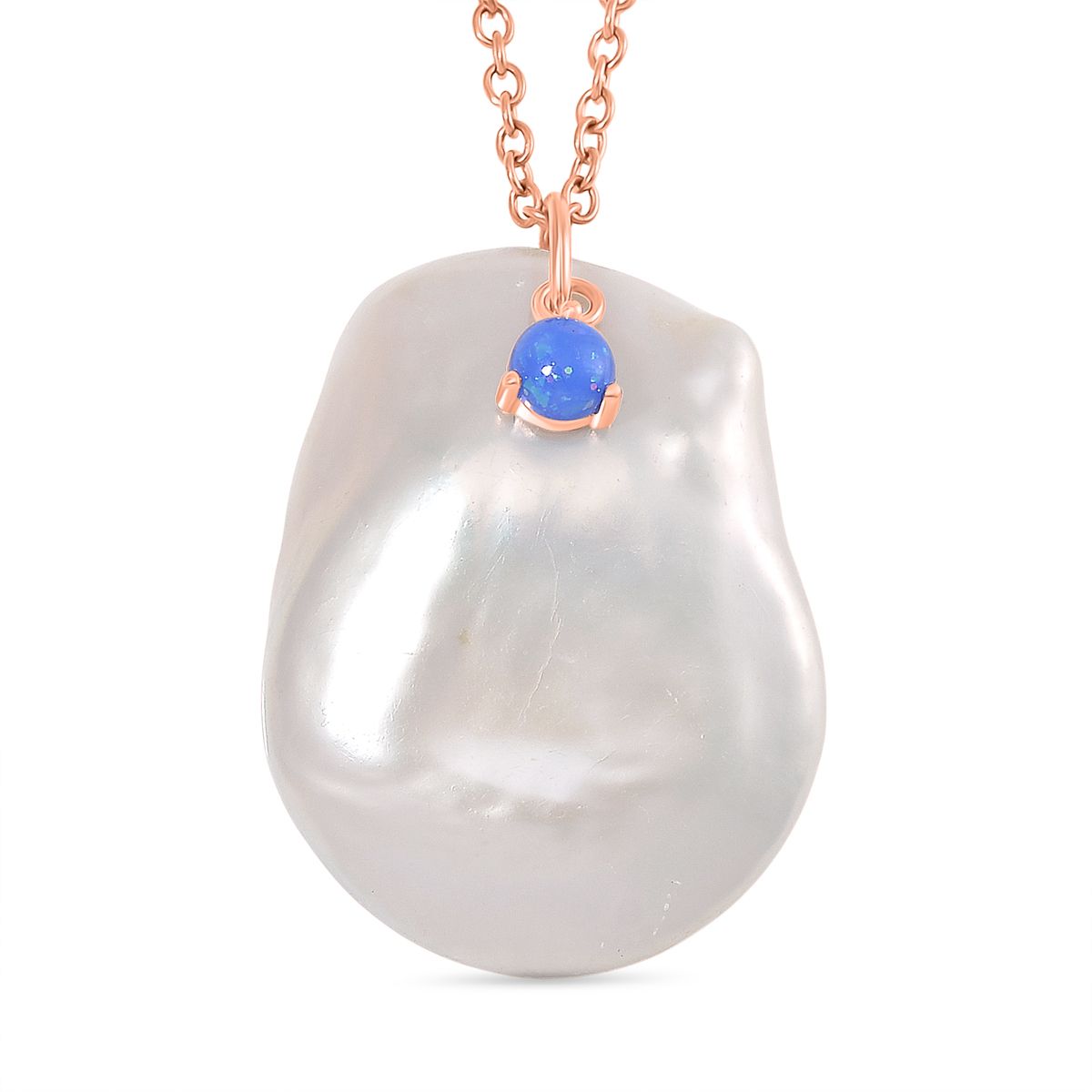 Weiße Keshi Perle, Blauer Opal Schmuckset Messing und Edelstahl IP Rosa Plattierung