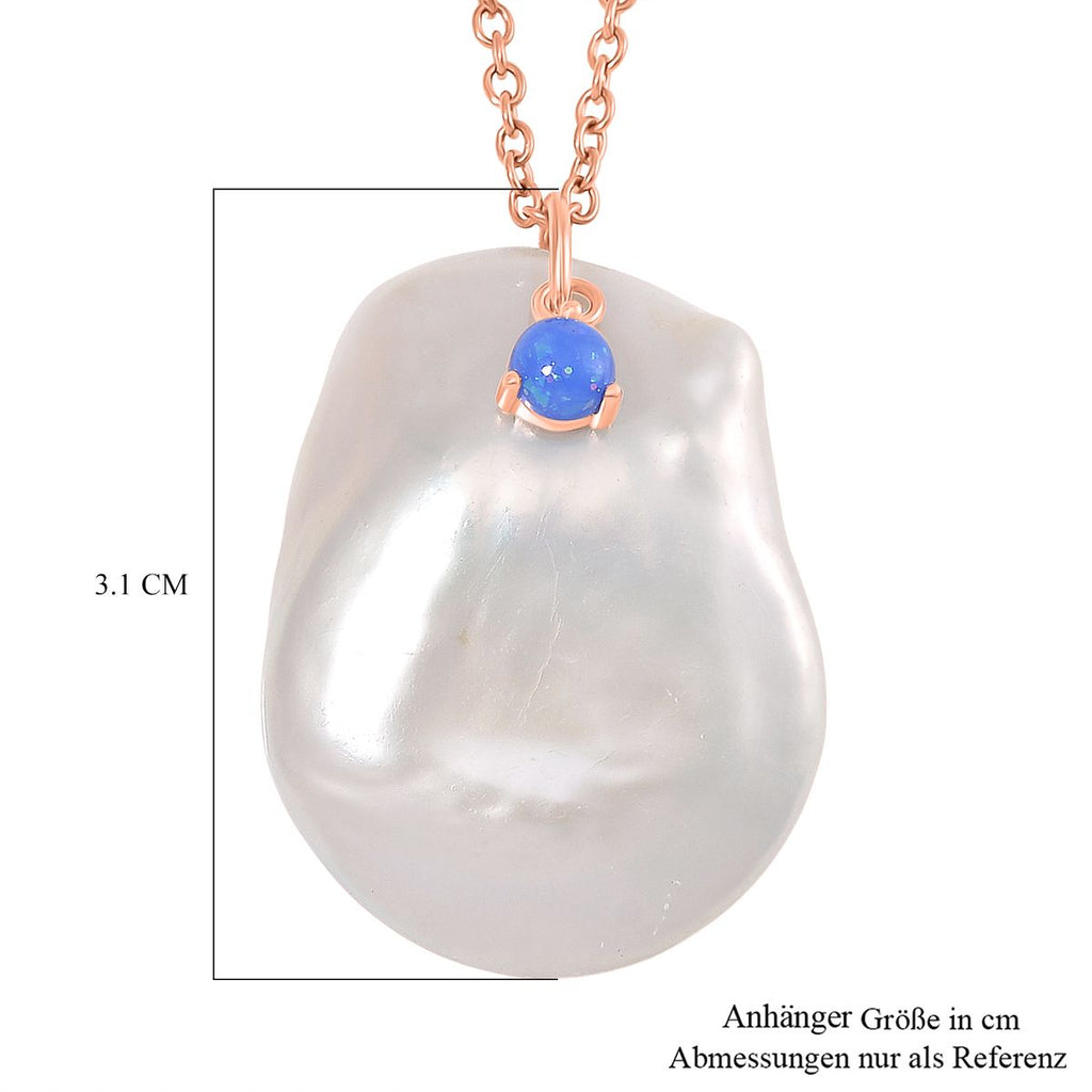Weiße Keshi Perle, Blauer Opal Schmuckset Messing und Edelstahl IP Rosa Plattierung