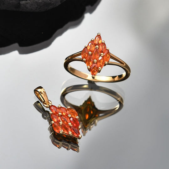 2er Set - Blaze Feueropal Anhänger und Ring, Größe (16.00), 925 Silber 750 Gelbgold Vermeil ca. 1.16 ct