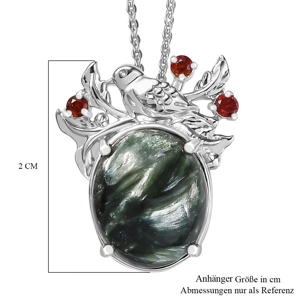 Viktorianische Blüte - Sibirischer Seraphinite, Roter Granat Anhänger mit Kette ca. 50 cm, 925 Silber platiniert ca. 5.08 ct