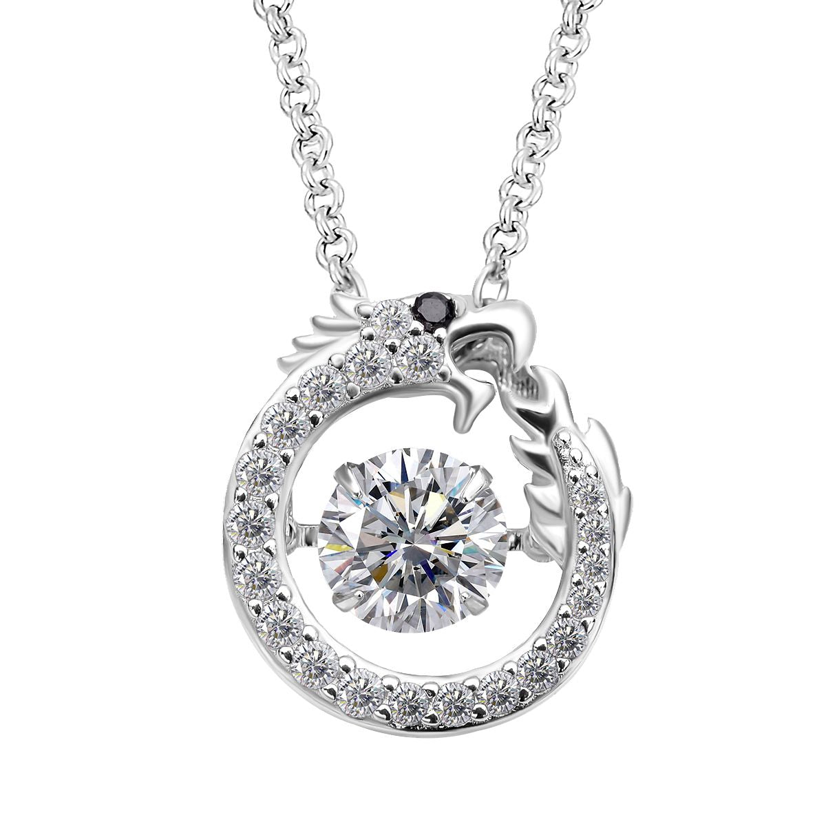 LUSTRO STELLA - Weißer Zirkonia Drachen Anhänger, 925 Silber rhodiniert mit 316L Edelstahl ca. 50 cm Kette