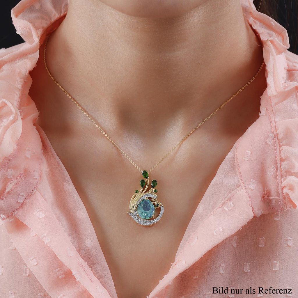 Pfau Triplett Quarz und natürlicher Chromdiopsid-Anhänger mit Kette, 925 Silber vergoldet ca. 5,79 ct