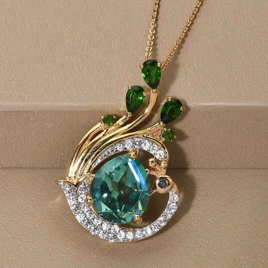 Pfau Triplett Quarz und natürlicher Chromdiopsid-Anhänger mit Kette, 925 Silber vergoldet ca. 5,79 ct